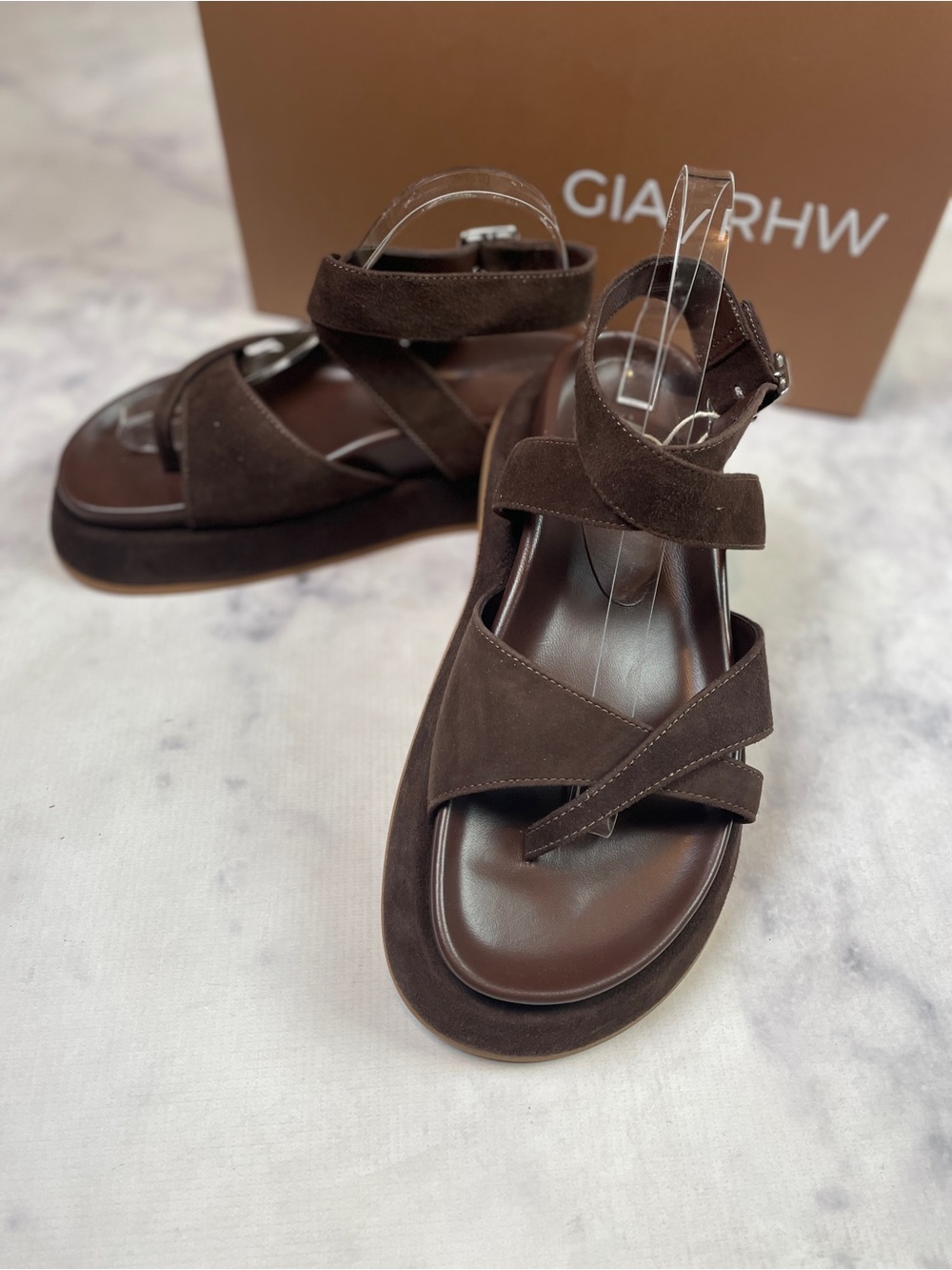 GIA/RHW Rosie 41 Chocolate Brown Suede Sandals NWB Sz 39